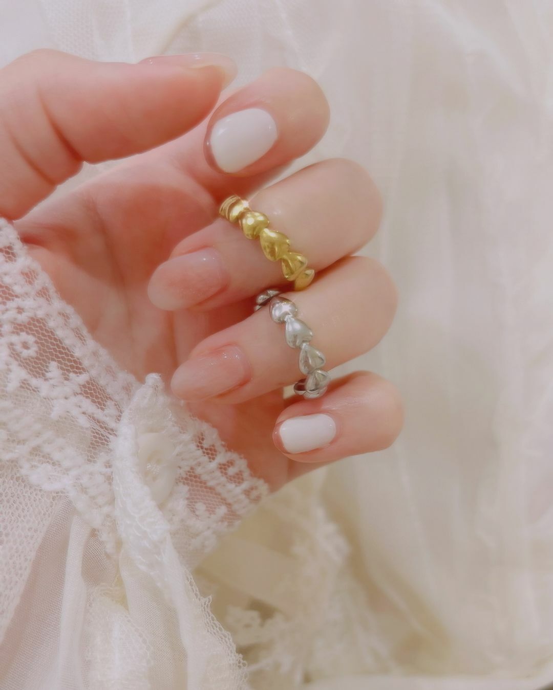 不褪色醫療鋼愛心連接愛心開口戒指