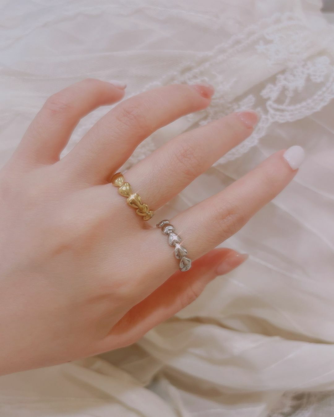 不褪色醫療鋼愛心連接愛心開口戒指