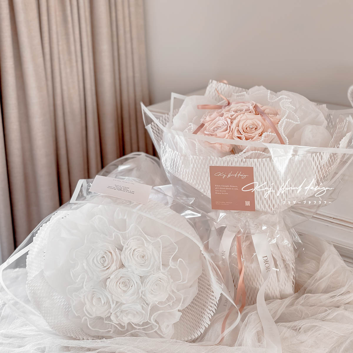 珍珠系列．淺粉色永生玫瑰花束