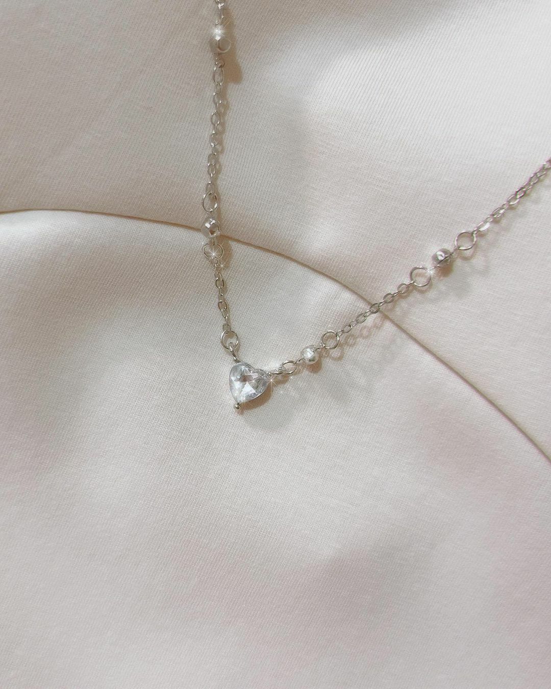 氣質質感愛心鑽吊墜圓珠點綴純銀項鍊