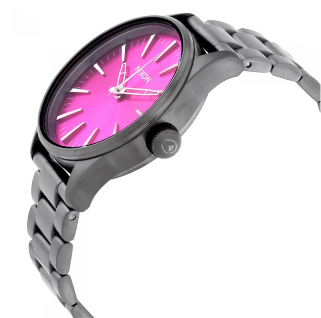 萬年鐘錶 - NIXON 尼克森  SENTRY SS 全黑亮桃色面盤簡約衝浪錶  A450-2096  錶徑38MM