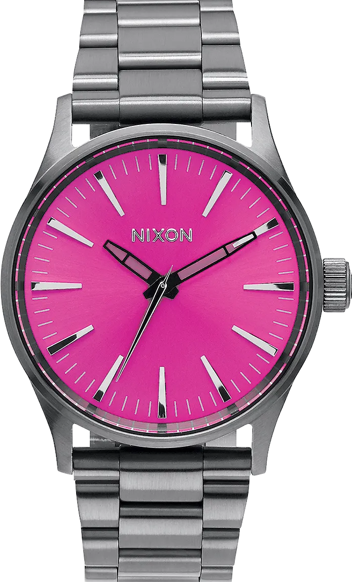 萬年鐘錶 - NIXON 尼克森  SENTRY SS 全黑亮桃色面盤簡約衝浪錶  A450-2096  錶徑38MM