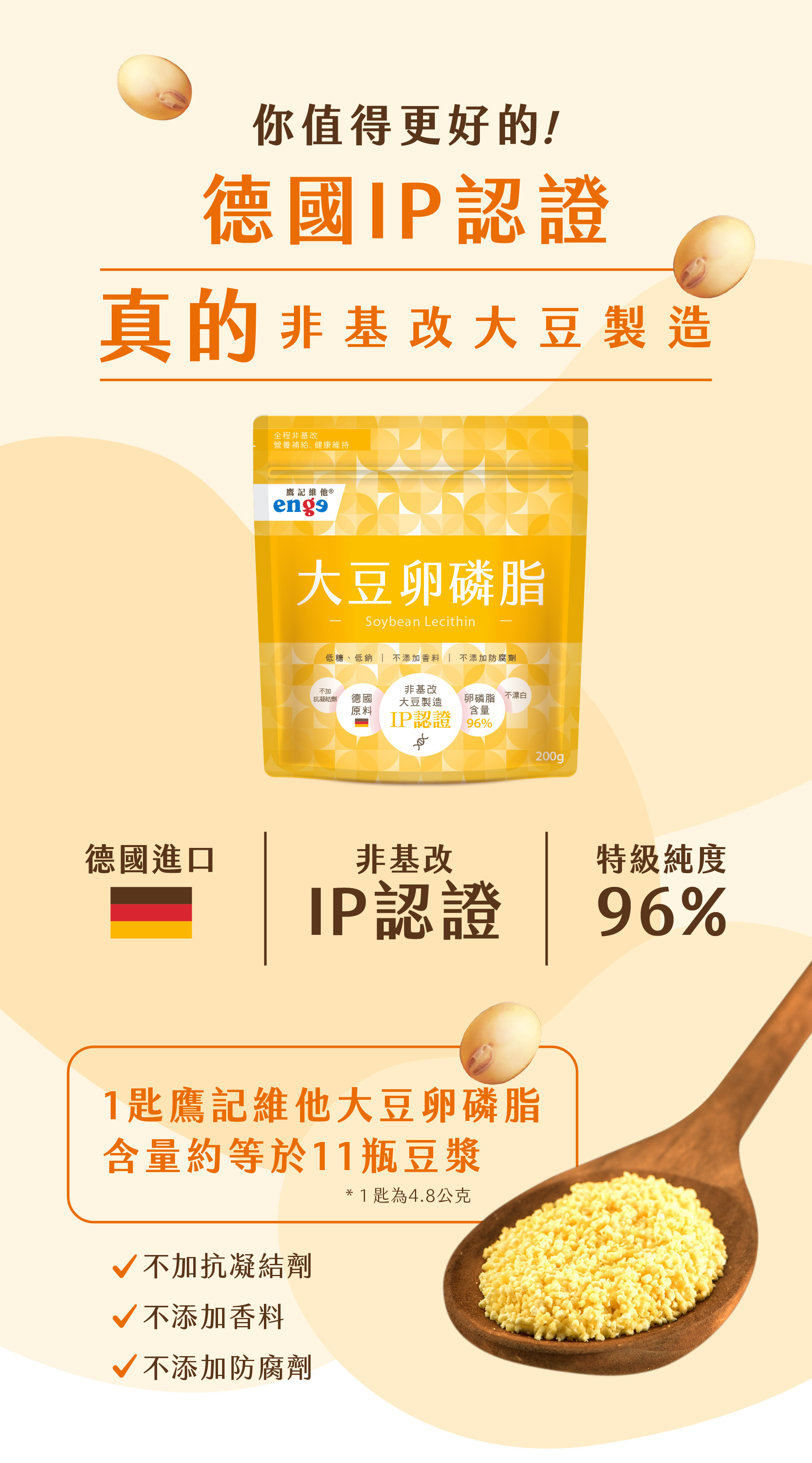 鷹記維他 大豆卵磷脂，使用德國進口「非基改IP認證」大豆卵磷脂，96%特級純度大豆卵磷脂等於11瓶豆漿含量