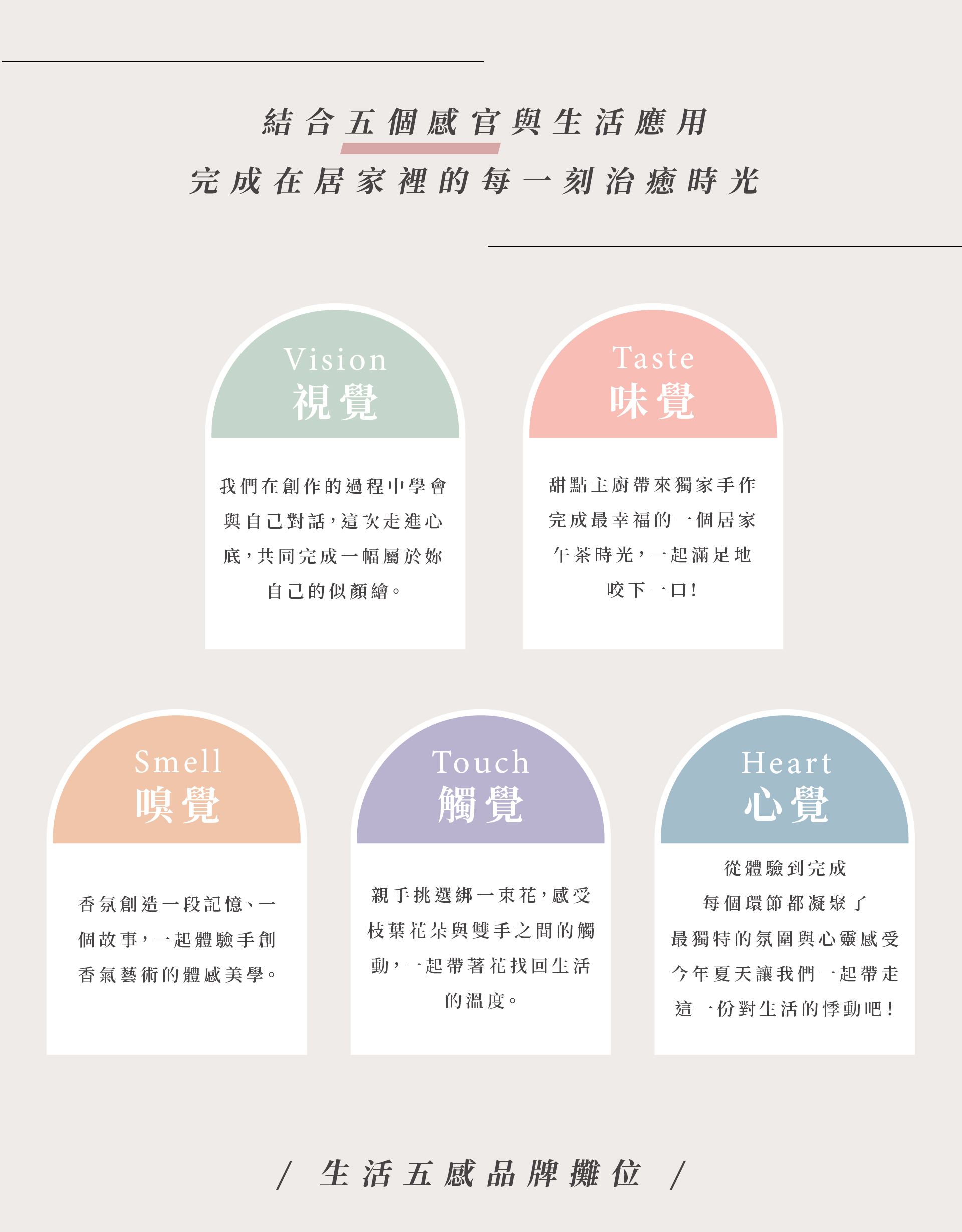 結合五個感官與生活應用，完成在居家裡的每一刻治癒時光。視覺、味覺、嗅覺、觸覺、心覺