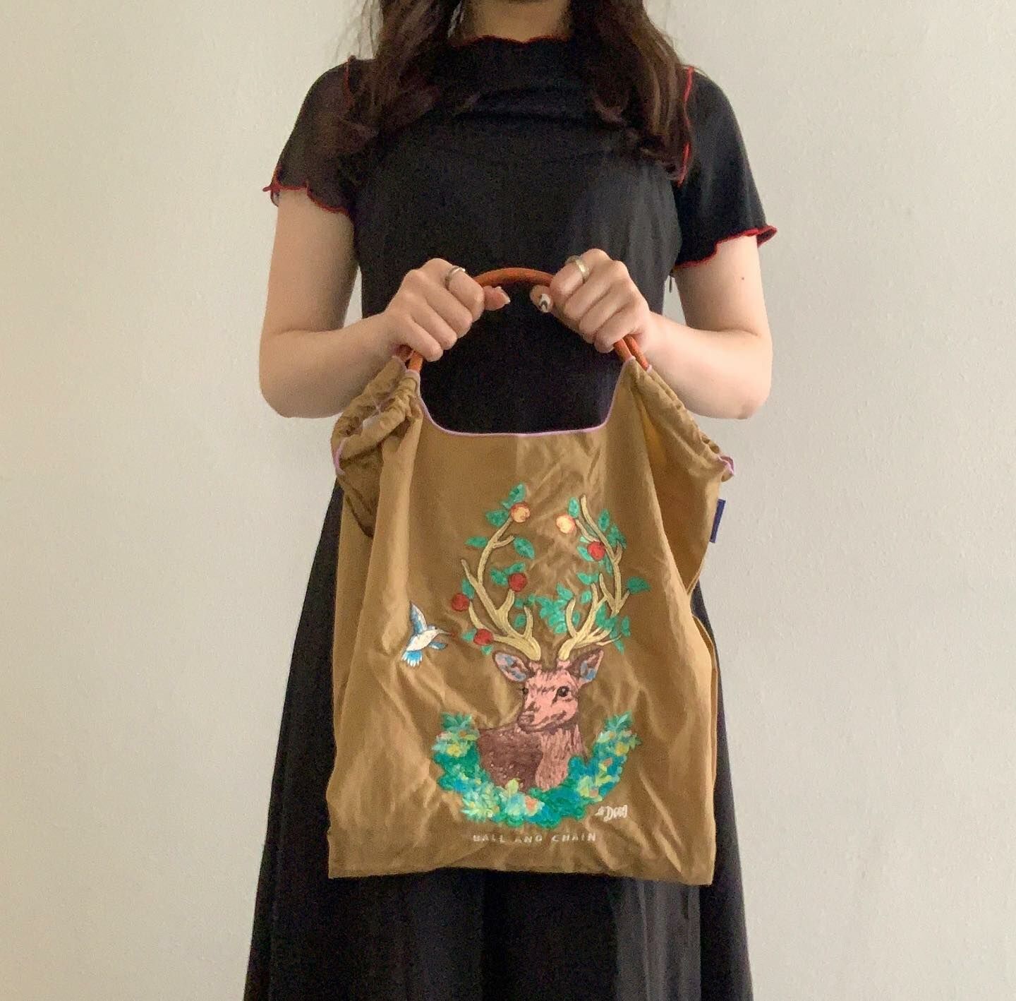 Ball＆Chain 刺繡環保購物袋 M號 - 卡其 (31300703)