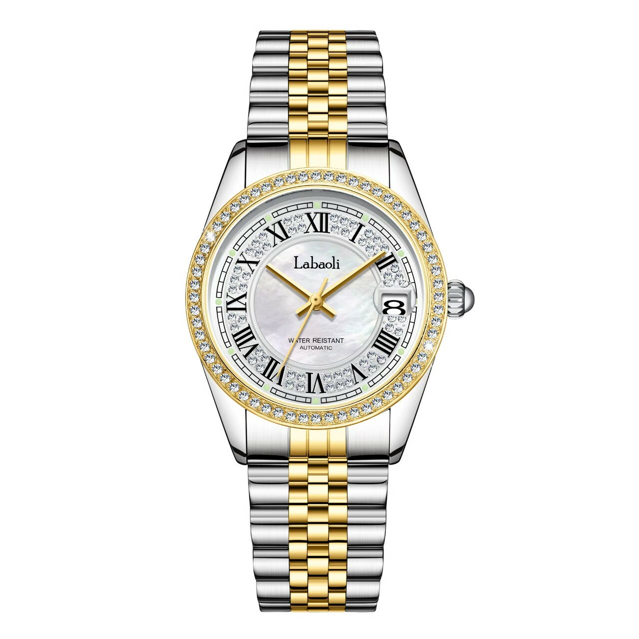 【Labaoli 娜寶麗】晶鑽錶圈 帶日期 珍珠母貝錶盤 不鏽鋼機械腕錶