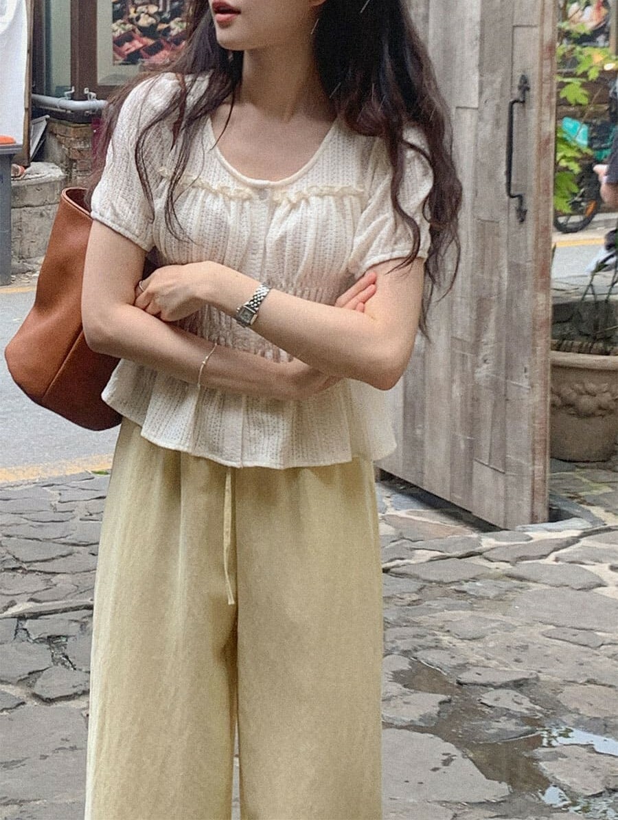 韓國Cherrykoko授權 甜美細節織紋收腰寬擺上衣