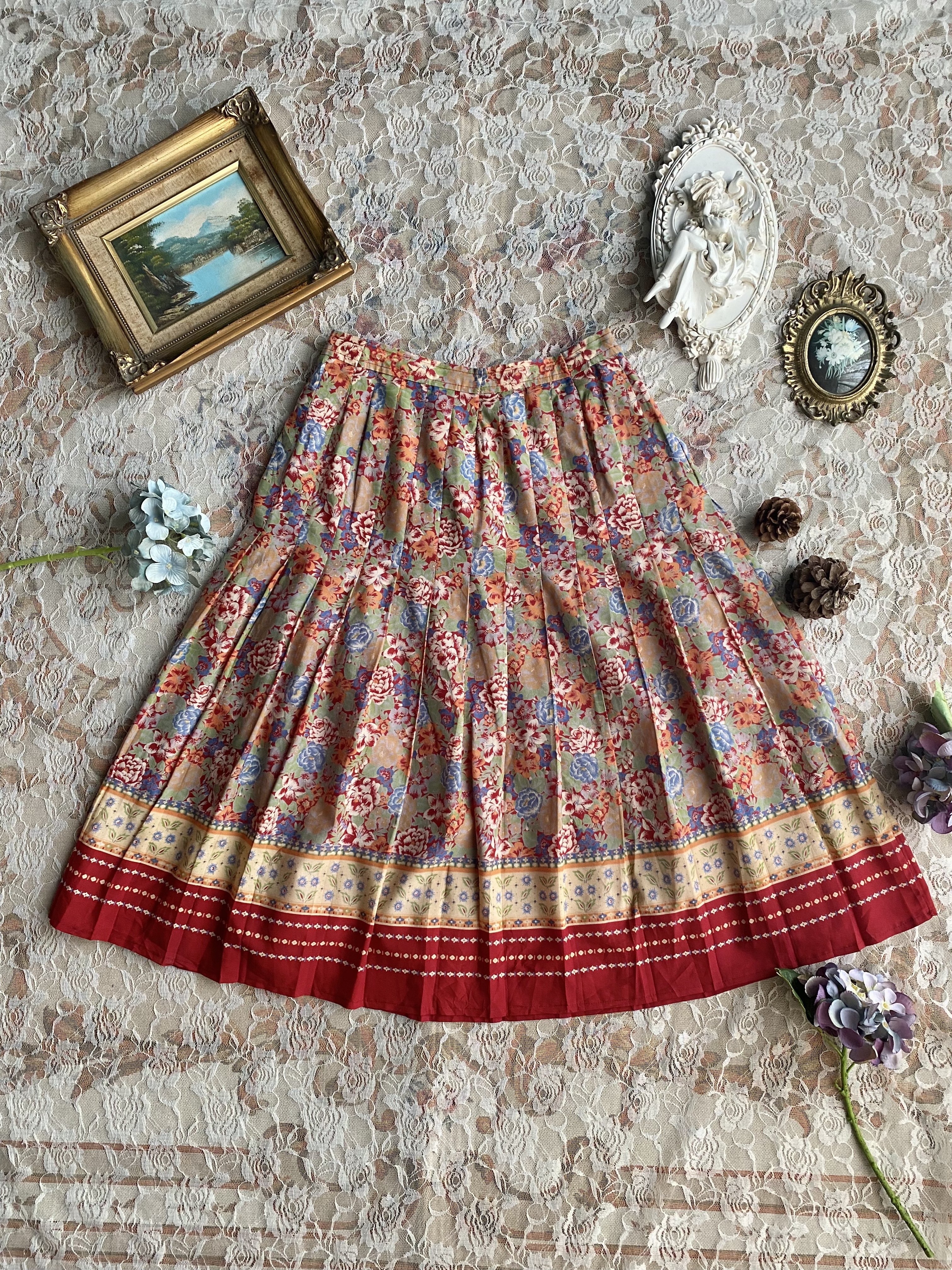Vintage Skirt / 古著紅色花卉百褶半裙