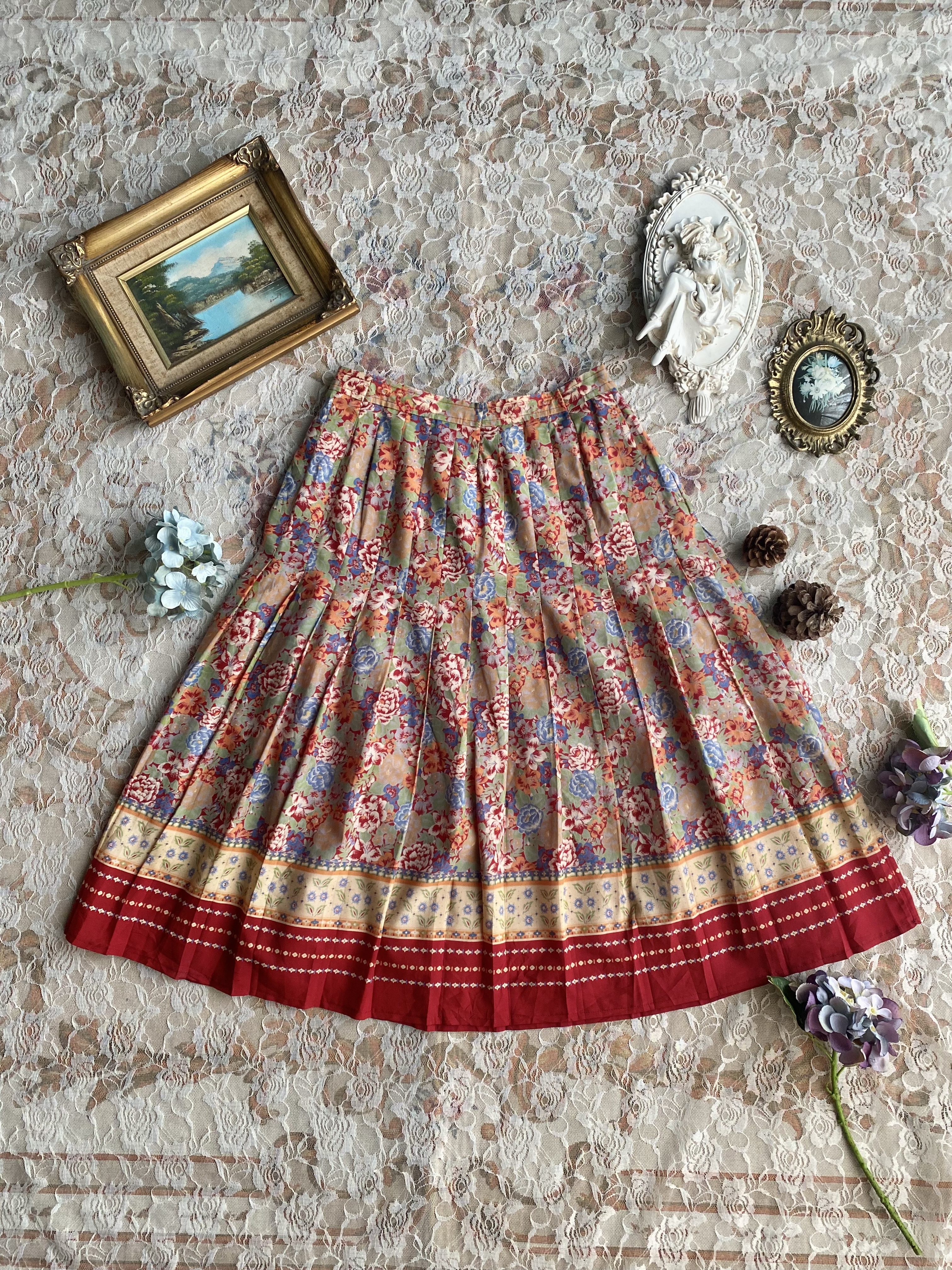 Vintage Skirt / 古著紅色花卉百褶半裙