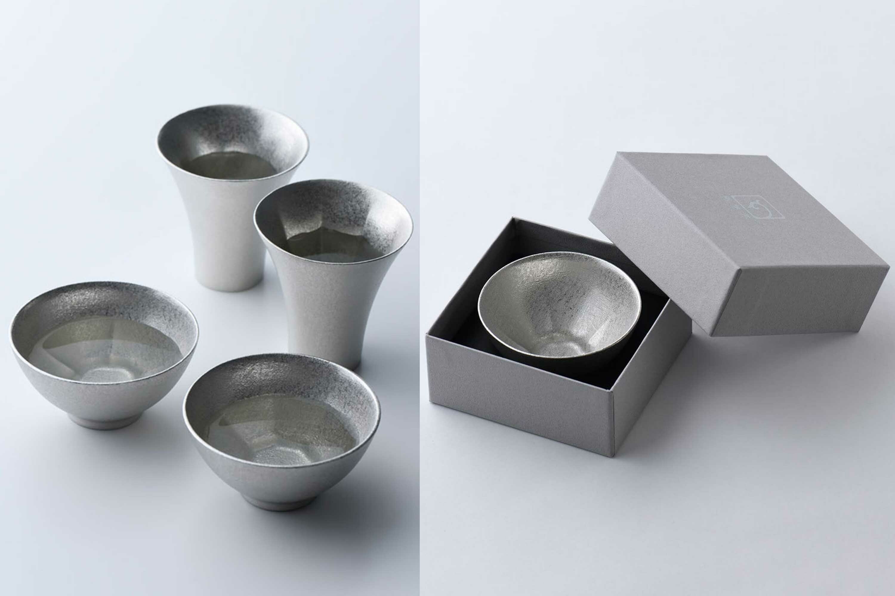 喝日本清酒的吉祥梅紋錫製杯子