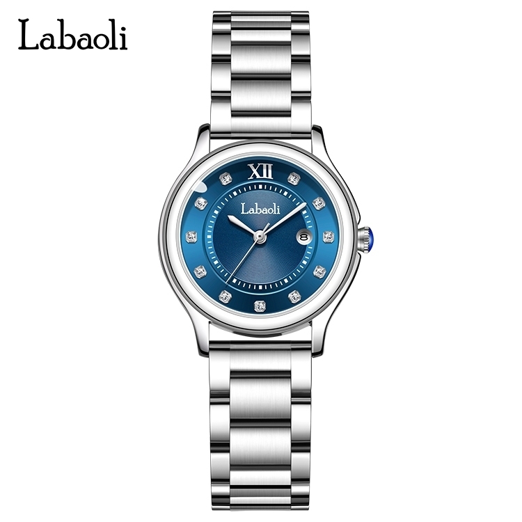 【Labaoli 娜寶麗】晶鑽時標 帶日期 不鏽鋼腕錶