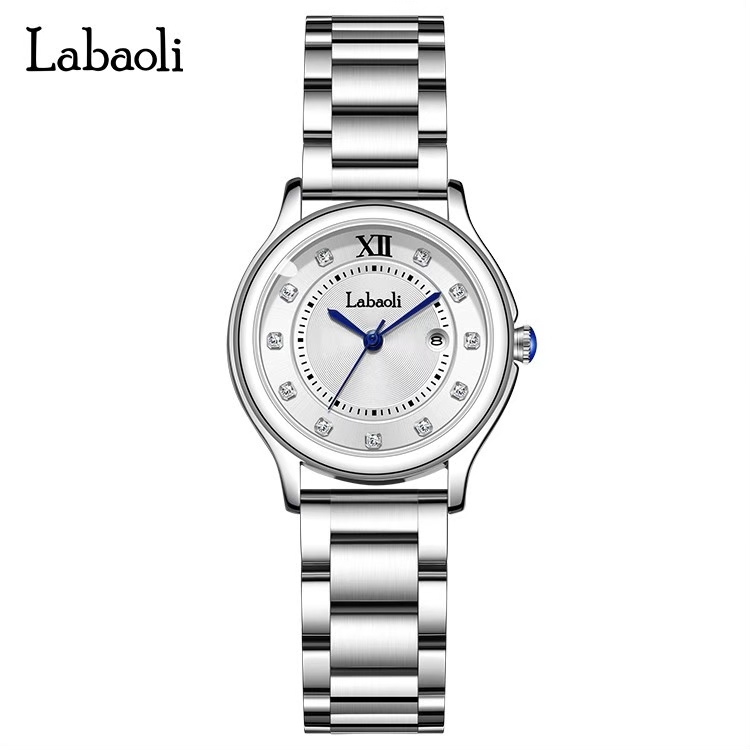 【Labaoli 娜寶麗】晶鑽時標 帶日期 不鏽鋼腕錶