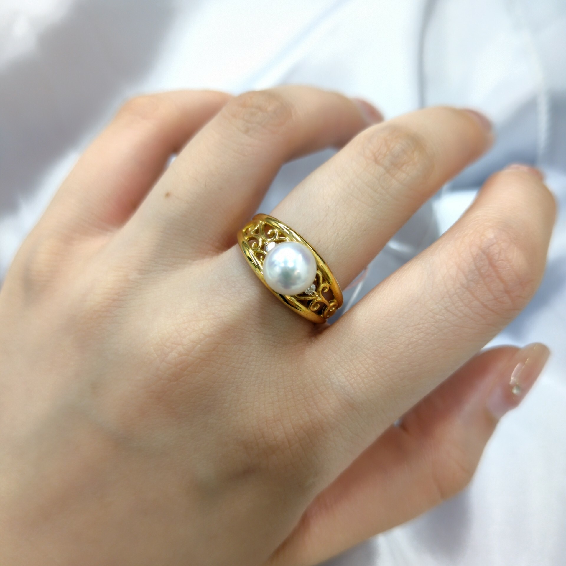 全新18K黃金珍珠配4份鑽石戒指