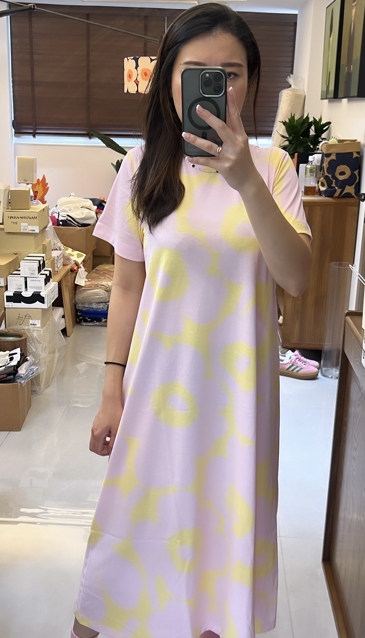 代購現貨 | Marimekko pink x yellow unikko 長裙 | Pisteinen Unikko Dress