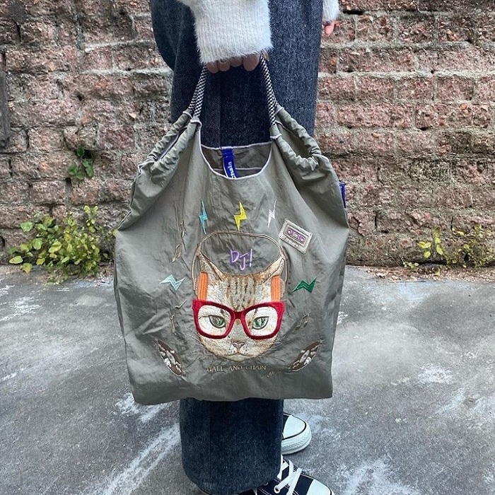 Ball＆Chain 刺繡環保購物袋 M號 - 灰 (31300629)