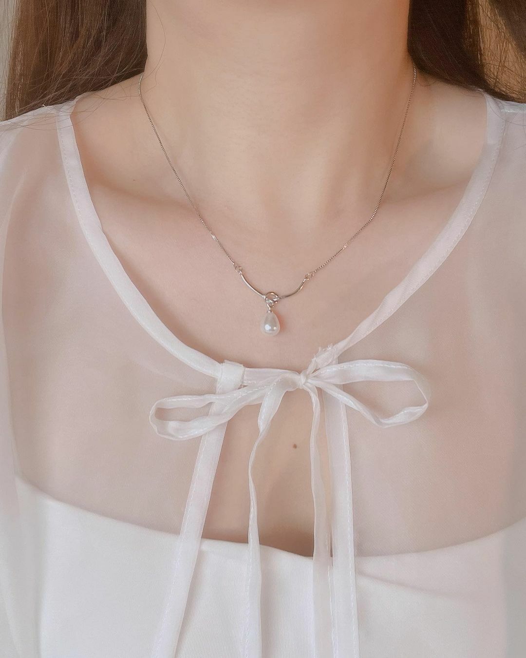 鍊條拼接金屬扭結珍珠純銀項鍊