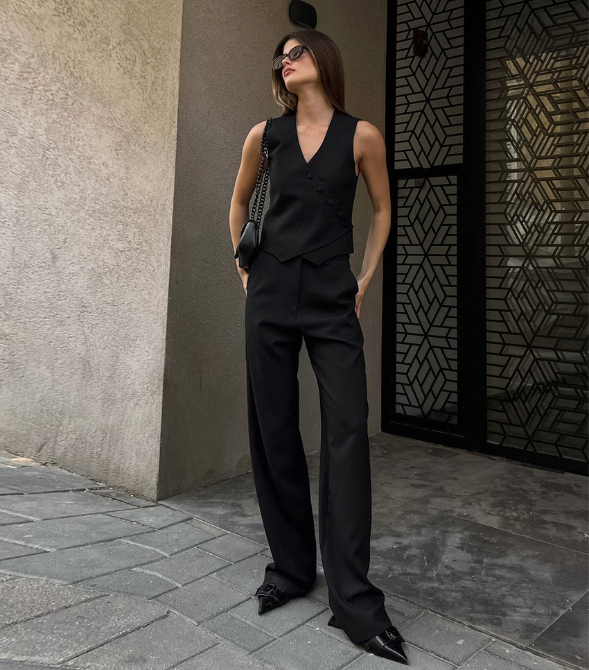 斜排釦棉麻背心+高腰褲(套裝)(杏/黑)