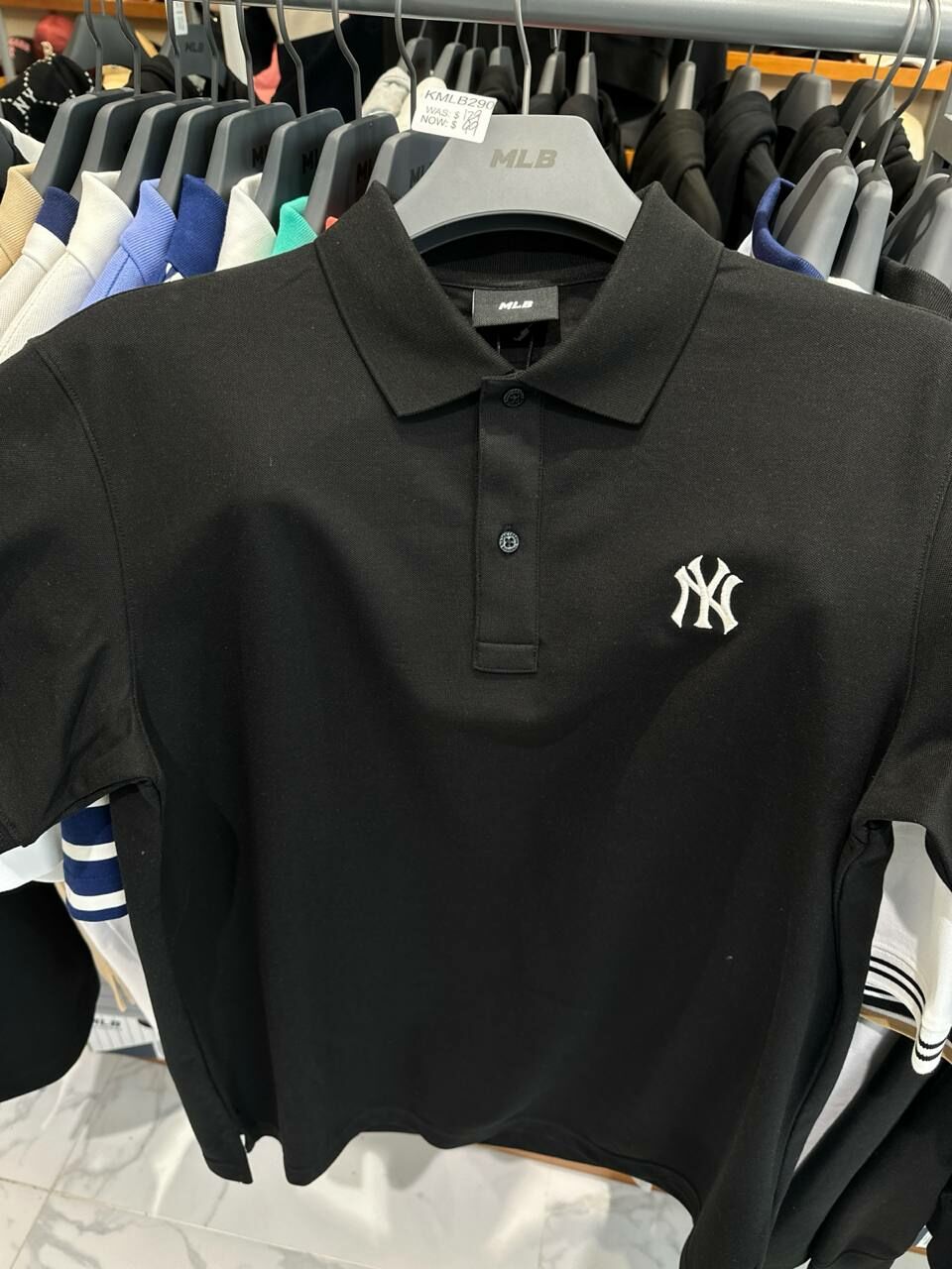 [S] MLB LOGO PATCH NEW YORK YANKEES FIT BUTTON POLO SHIRT,BLACK, 3APQB0143GP001-50BKS (SMLB393)