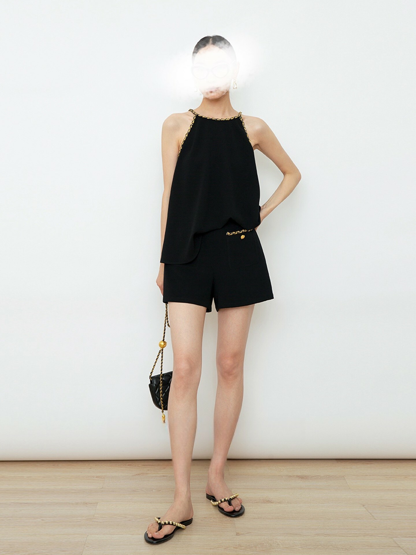 小香編織斜紋涼感上衣+防皺短褲套裝(2件組)