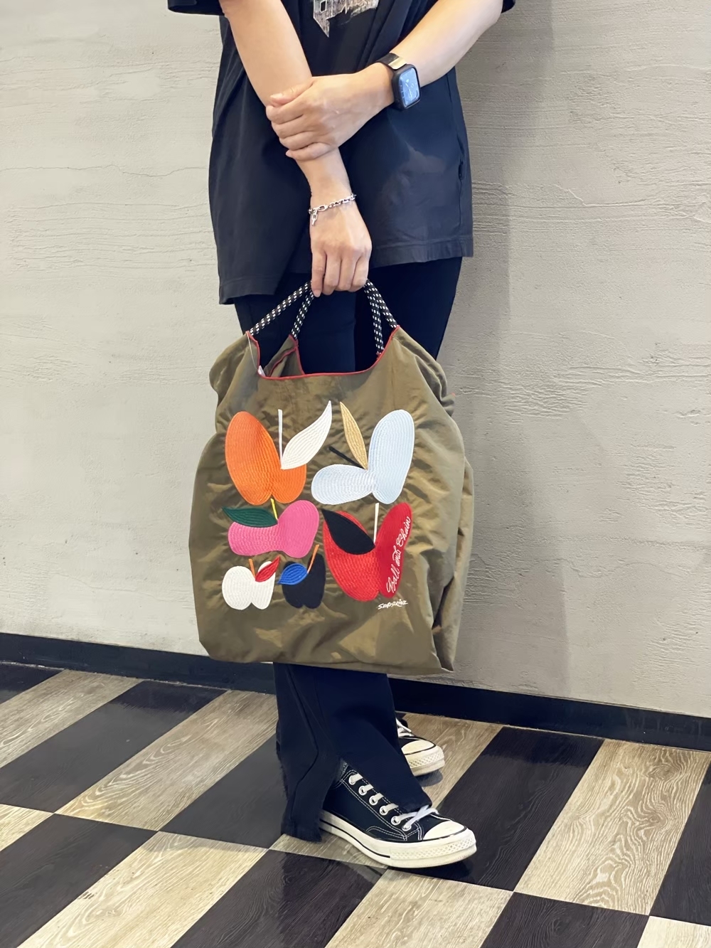 Ball＆Chain 刺繡環保購物袋 M號 - 橄欖綠 (32300113)