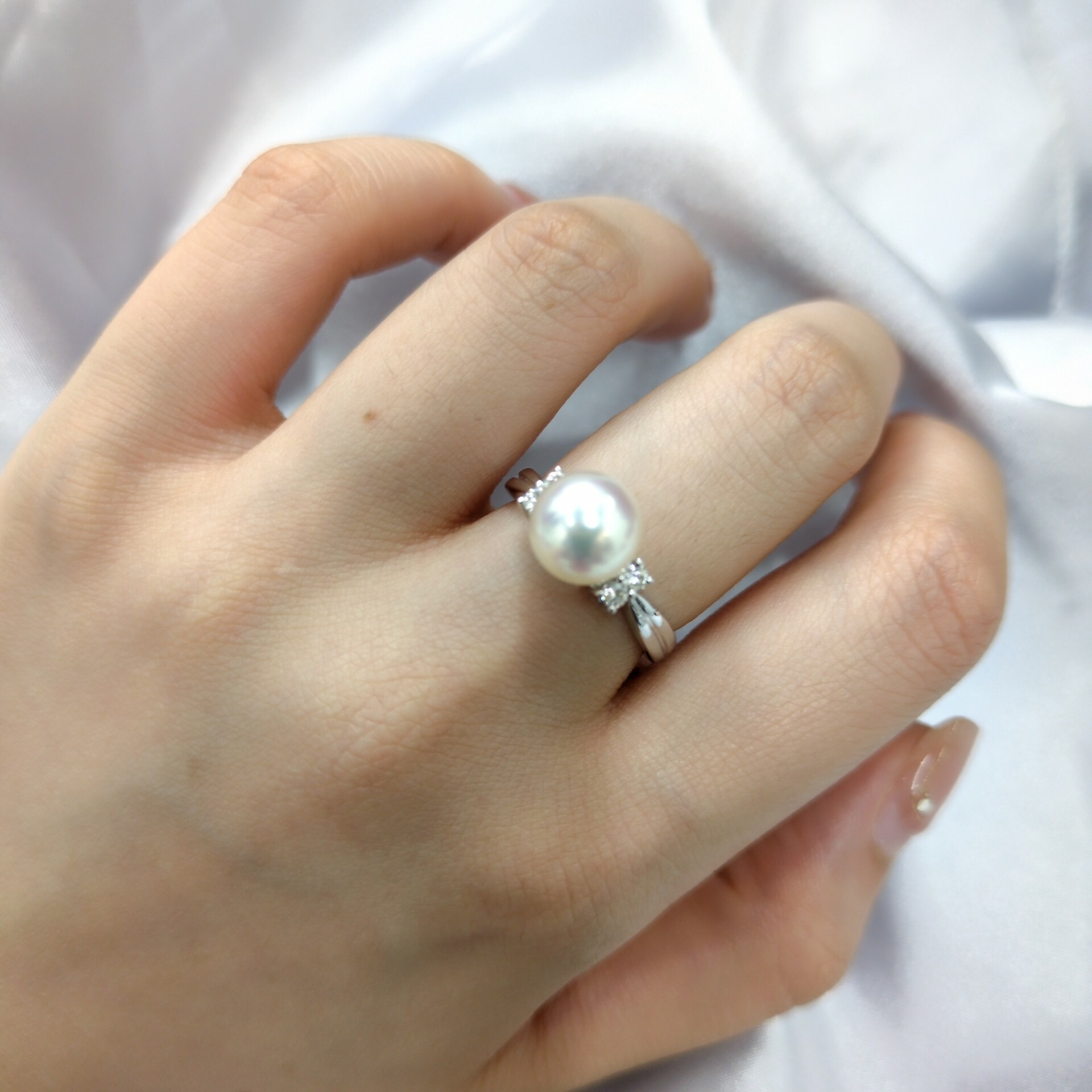 全新18K白金10份鑽石珍珠戒指