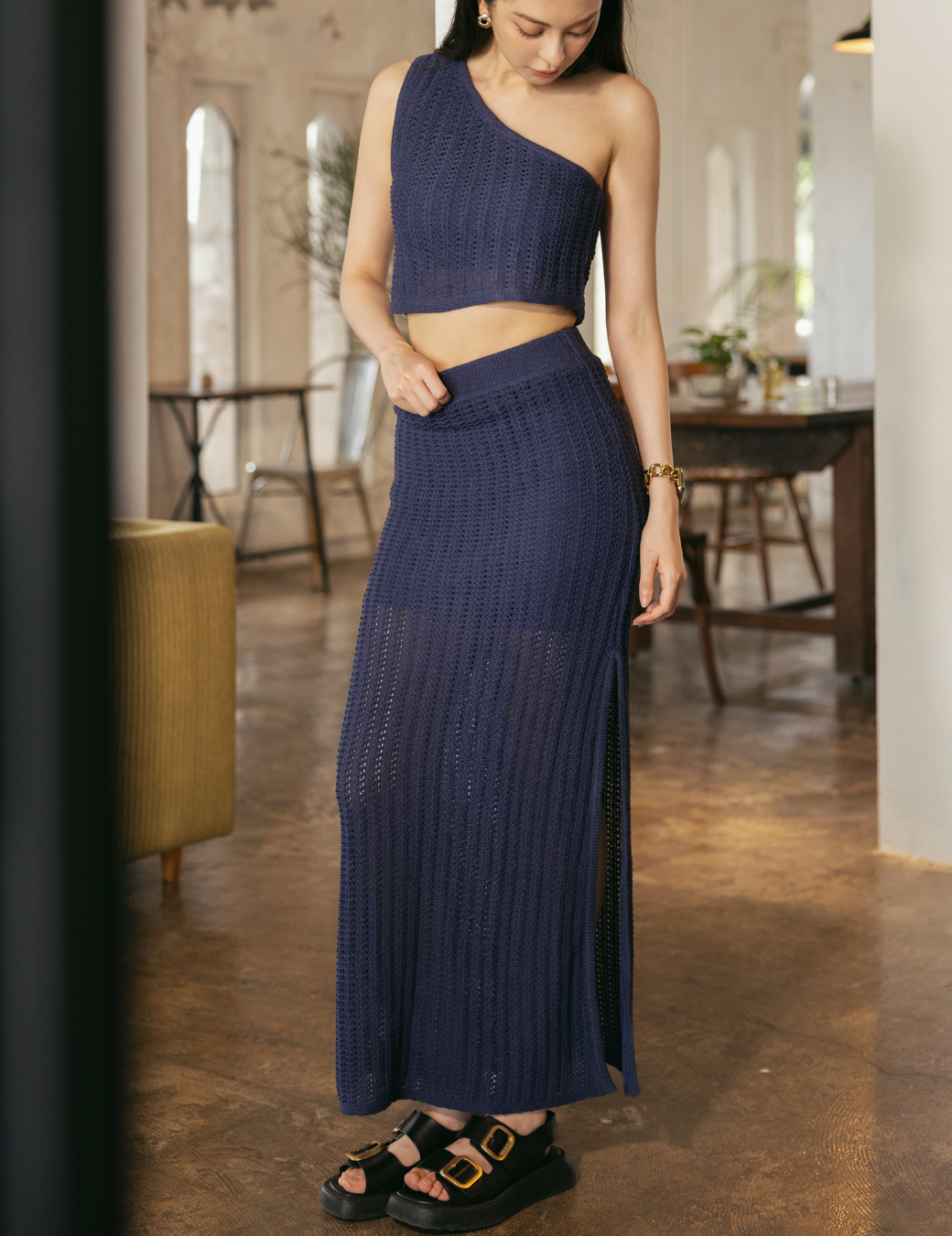 針織側開衩長裙（寶藍色/6尺寸）