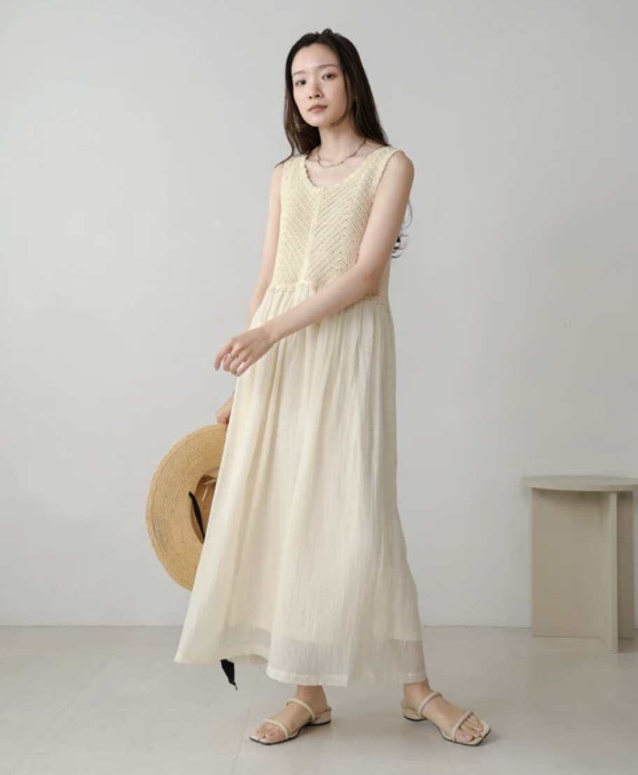 旅行感～針織併布連身裙 · 2色入