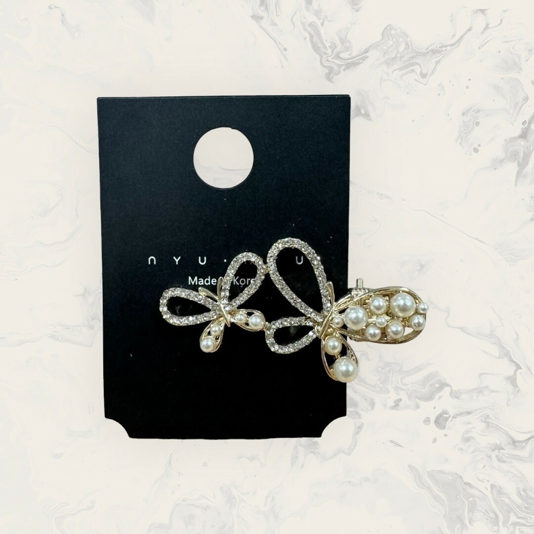 韓國直送髮飾 線鋯框翅膀+小珍珠雙蝴蝶髮夾