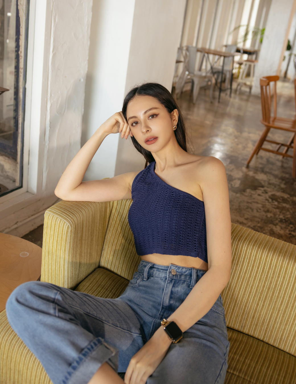 針織斜肩短上衣（寶藍色/3尺寸）