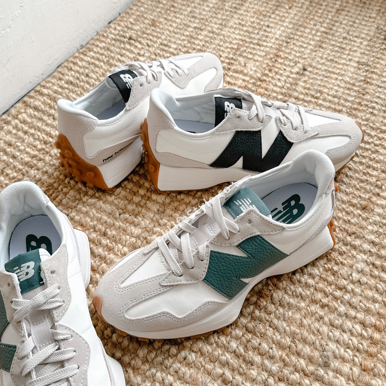 NEW BALANCE NB 327 森林綠焦糖底奶油白荔枝皮仿皮革女鞋WS327GA