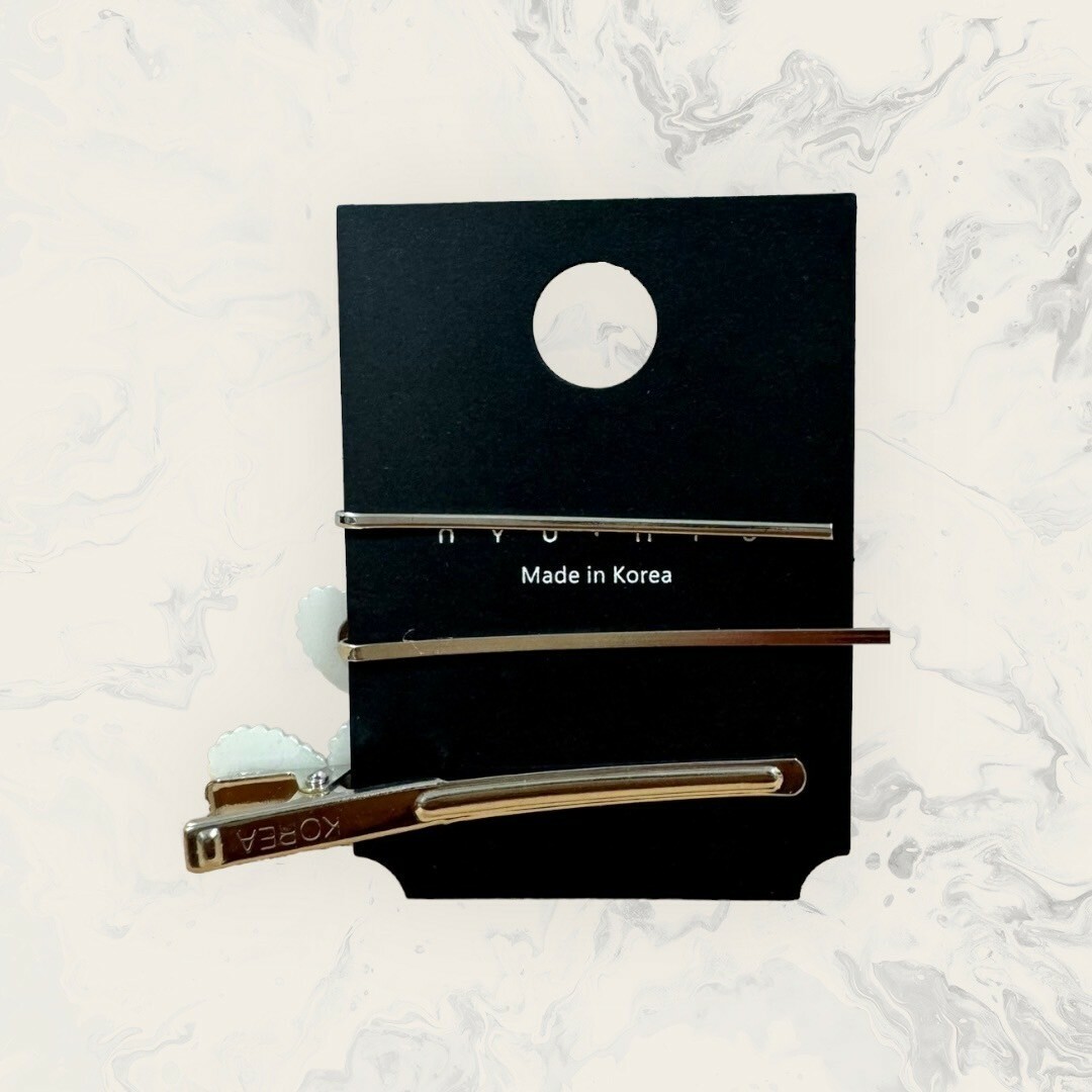 韓國直送髮飾 交錯排列小鋯+白愛心髮夾+一字髮夾 三件組