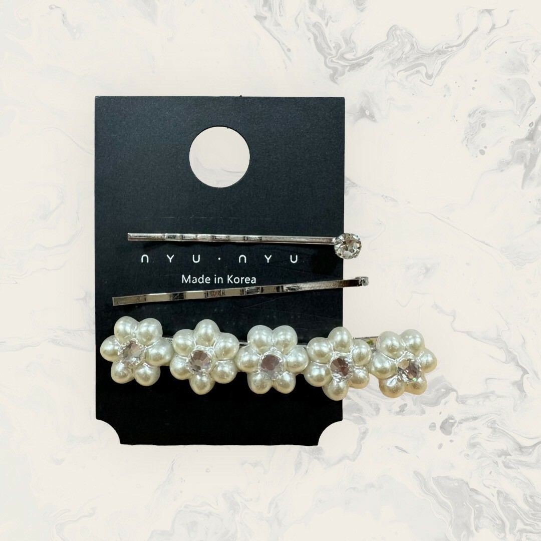 韓國直送髮飾 排列珍珠六瓣花+一字髮夾 三件組
