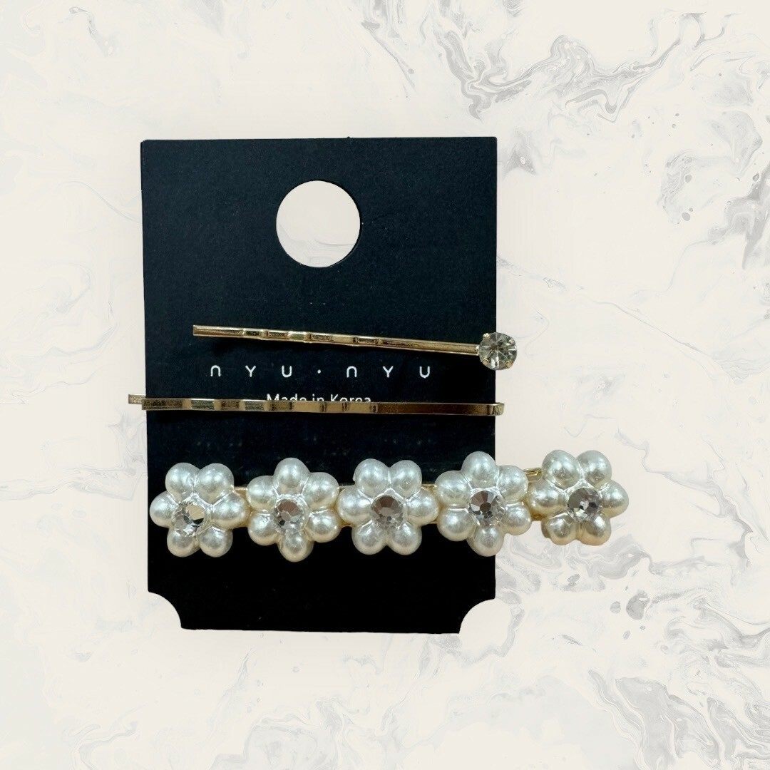 韓國直送髮飾 排列珍珠六瓣花+一字髮夾 三件組