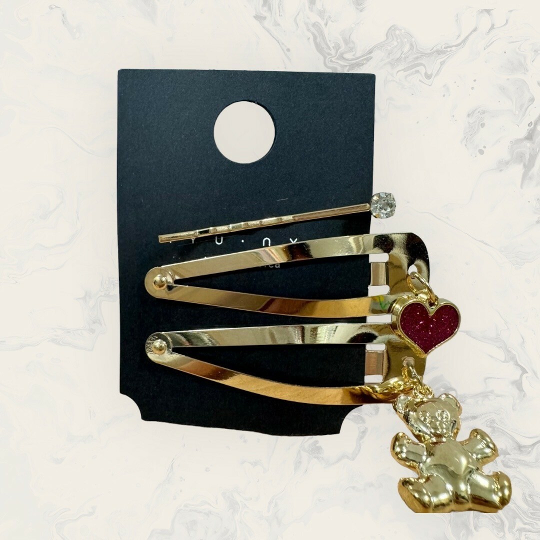 韓國直送髮飾 垂吊桃粉金蔥愛心+立體熊熊髮夾 三件組