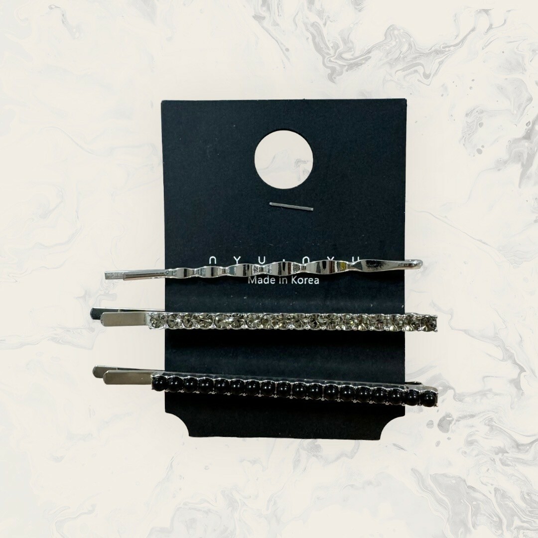 韓國直送髮飾 排列水晶鑽+黑珠珠 一字髮夾 三件組