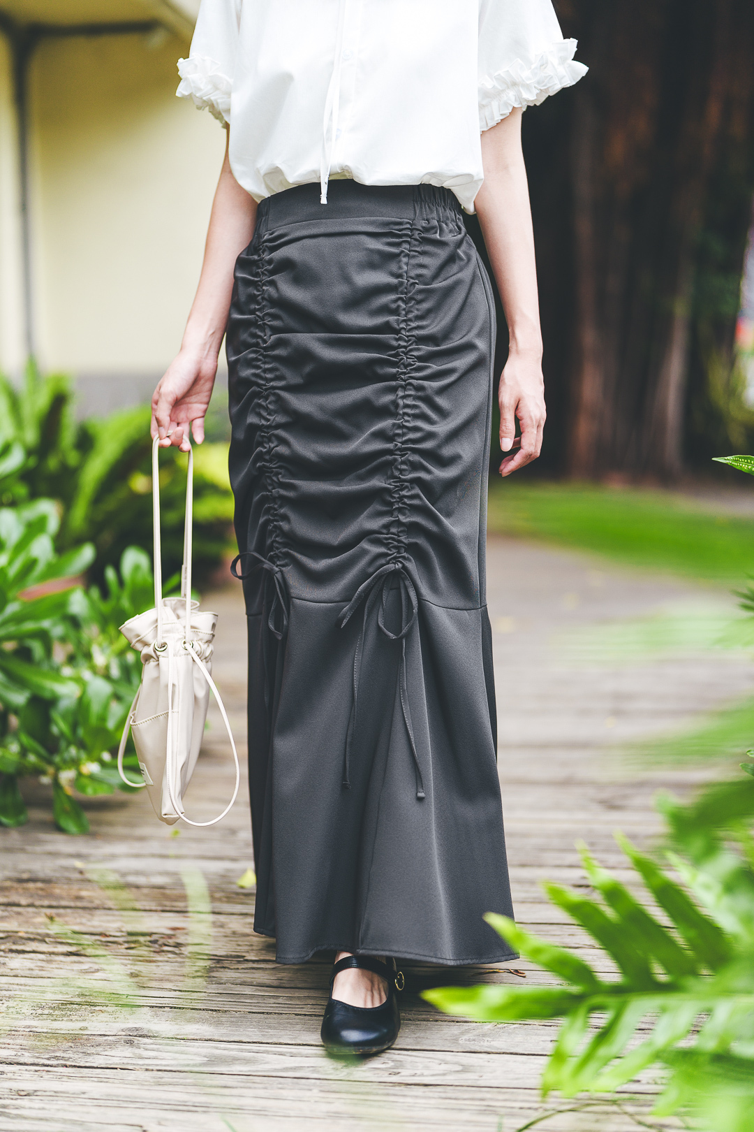 雙抽繩褶皺半身裙