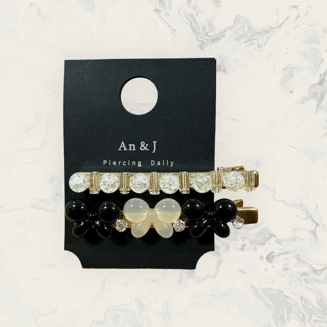 韓國直送髮飾 透明直珠+裂紋圓珠+透白+粉蝴蝶珠珠手工髮夾 二件組