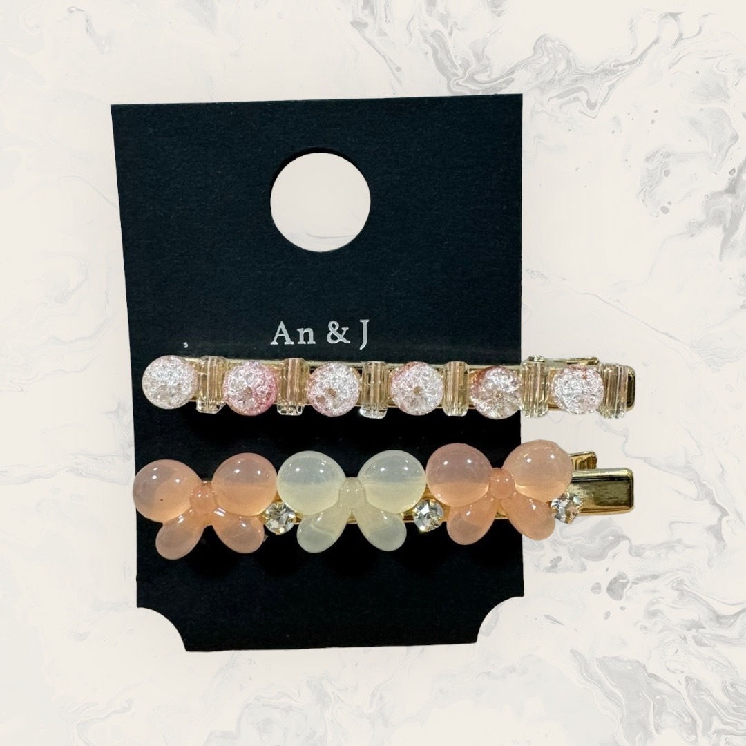 韓國直送髮飾 透明直珠+裂紋圓珠+透白+粉蝴蝶珠珠手工髮夾 二件組