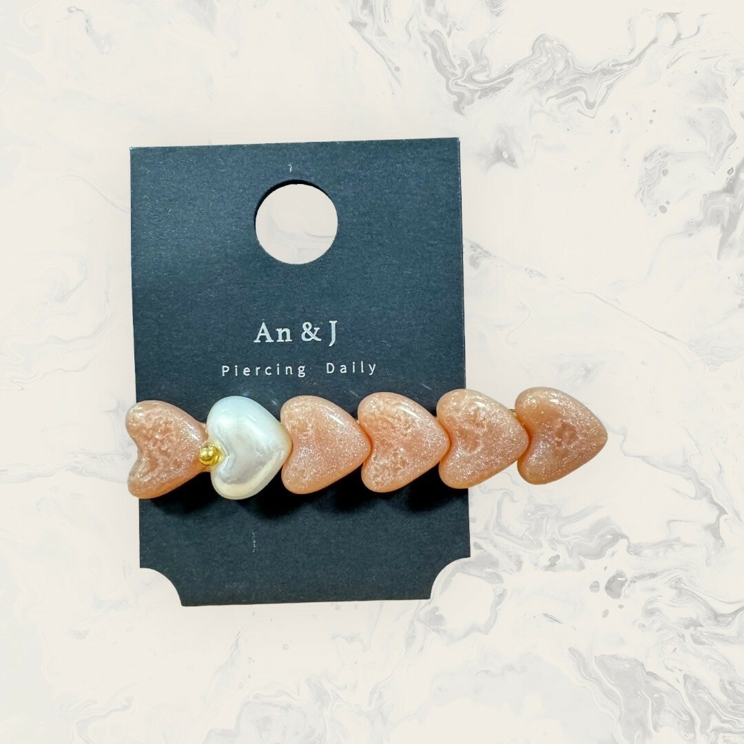 韓國直送髮飾 排列金珠中珍珠愛心+亮粉純色愛心手工髮夾