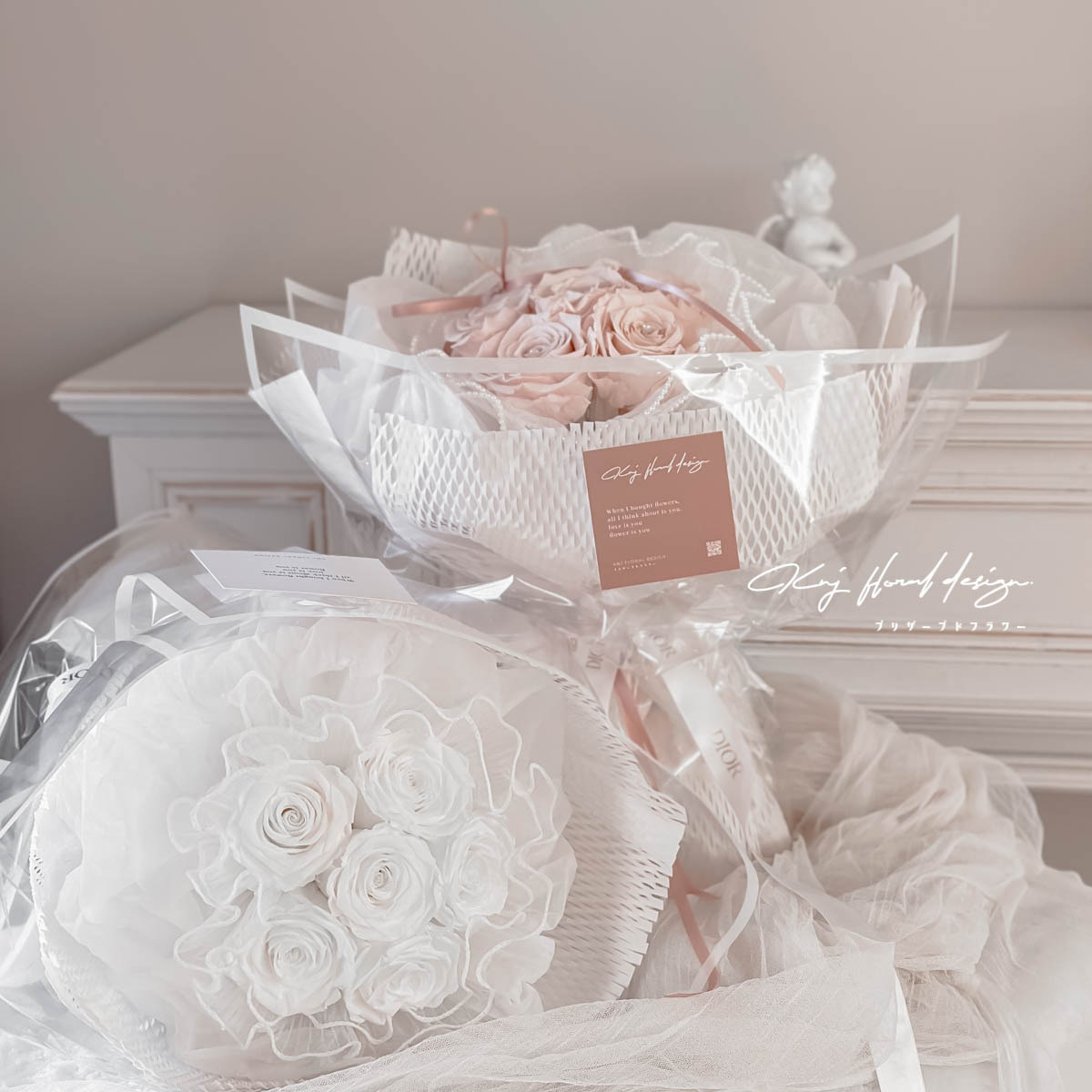 珍珠系列．溫柔白永生玫瑰花束