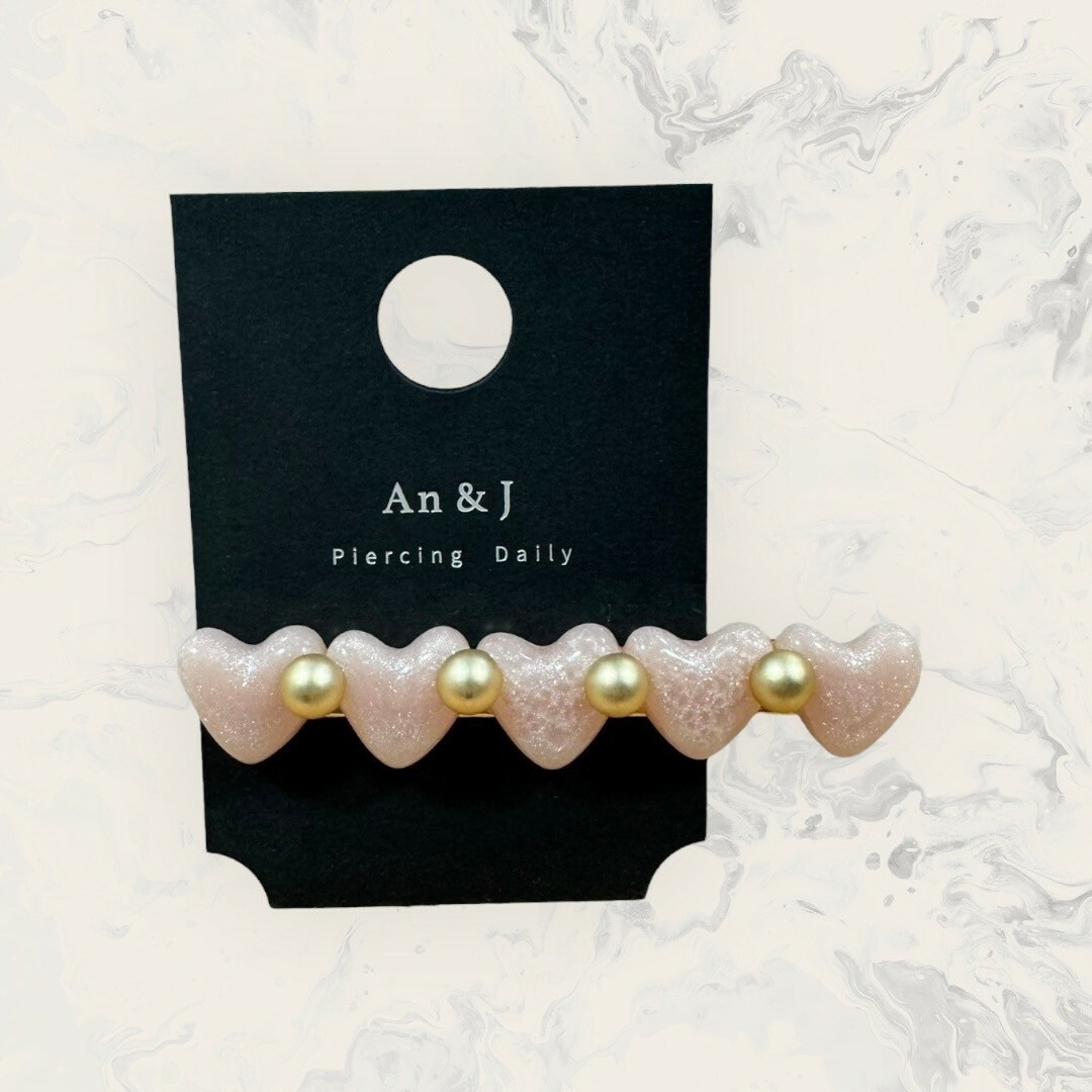 韓國直送髮飾 交錯排列霧金珠+亮粉純色愛心手工髮夾