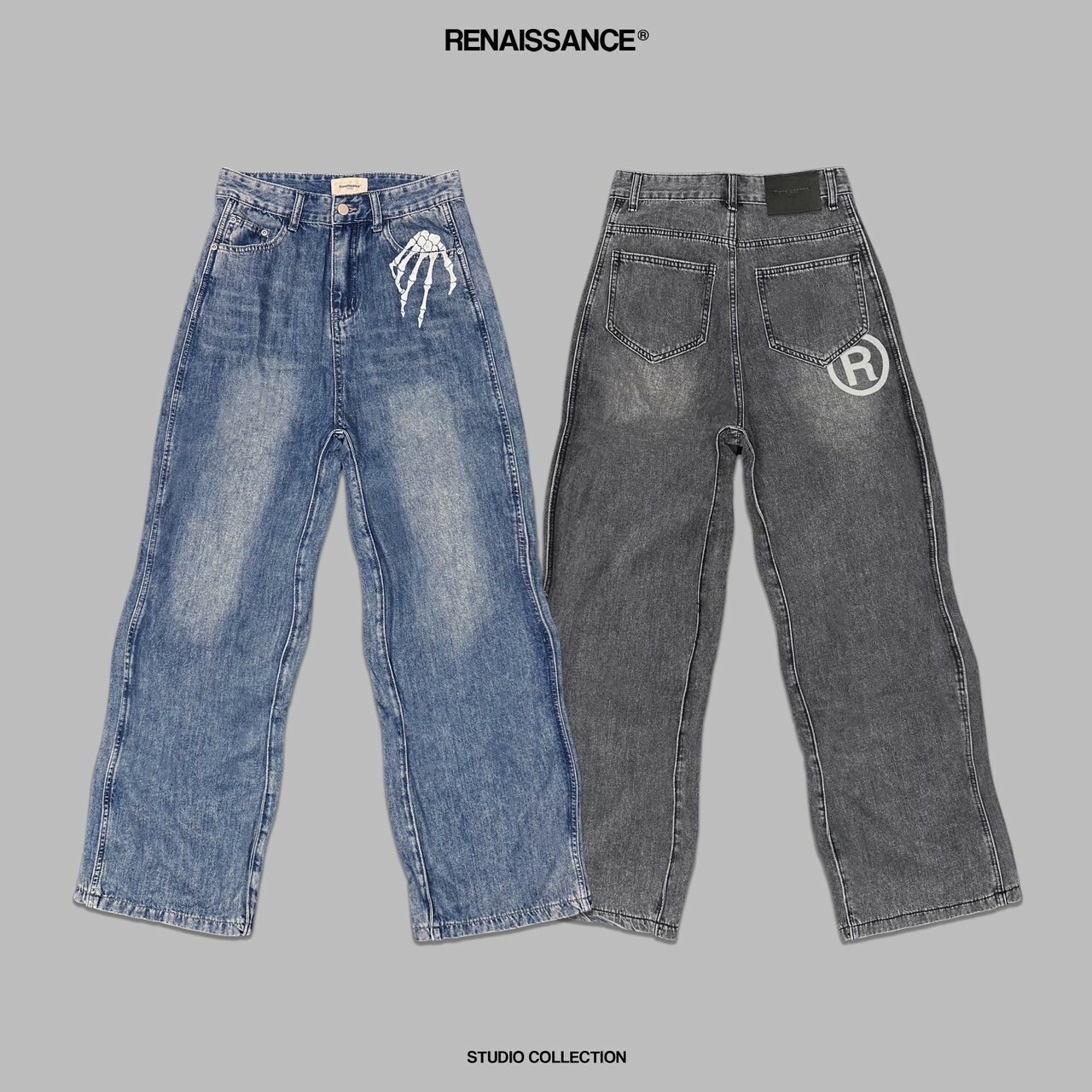 RENAISSANCE 骷髏 鬼手 圓R波浪解構闊腿牛仔褲 單寧 寬褲 落地 ‘’ Wavy Print BAGGY Jeans ‘’