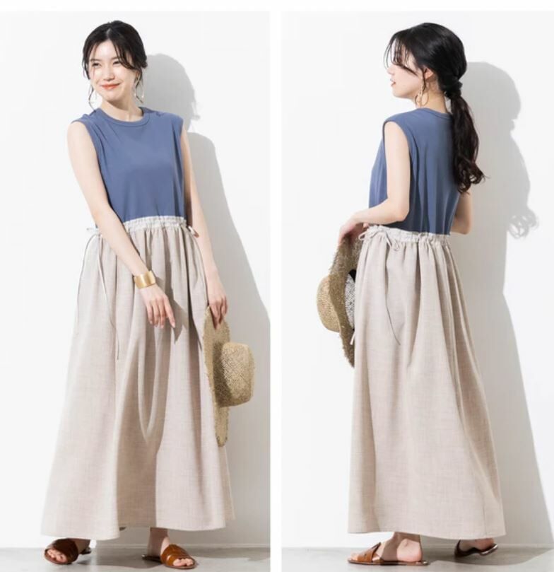 天藍色羅紋Ｘ米色仿阿麻撞色連身裙｛日本直送｝