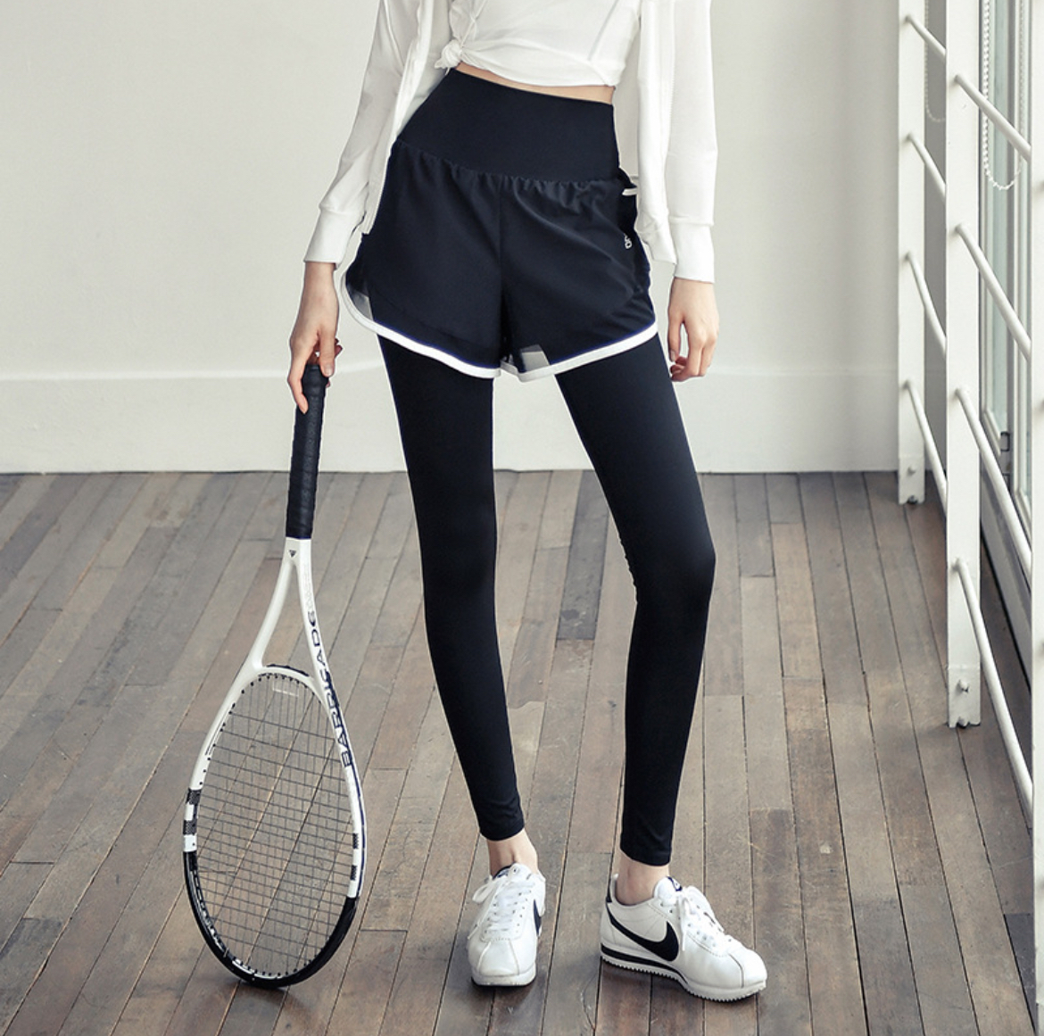 透明透氣假兩件彈性束身長褲（四色）