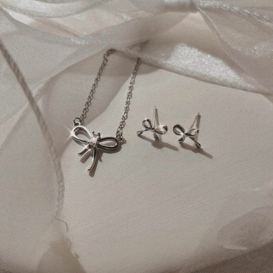 禮物緞帶蝴蝶結醫療鋼項鍊與純銀耳環