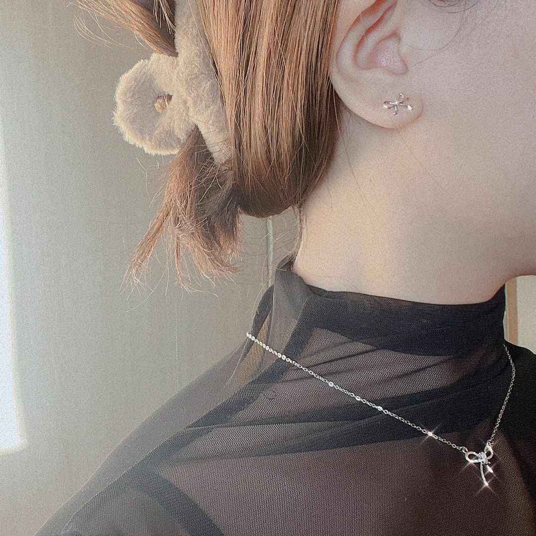 禮物緞帶蝴蝶結醫療鋼項鍊與純銀耳環