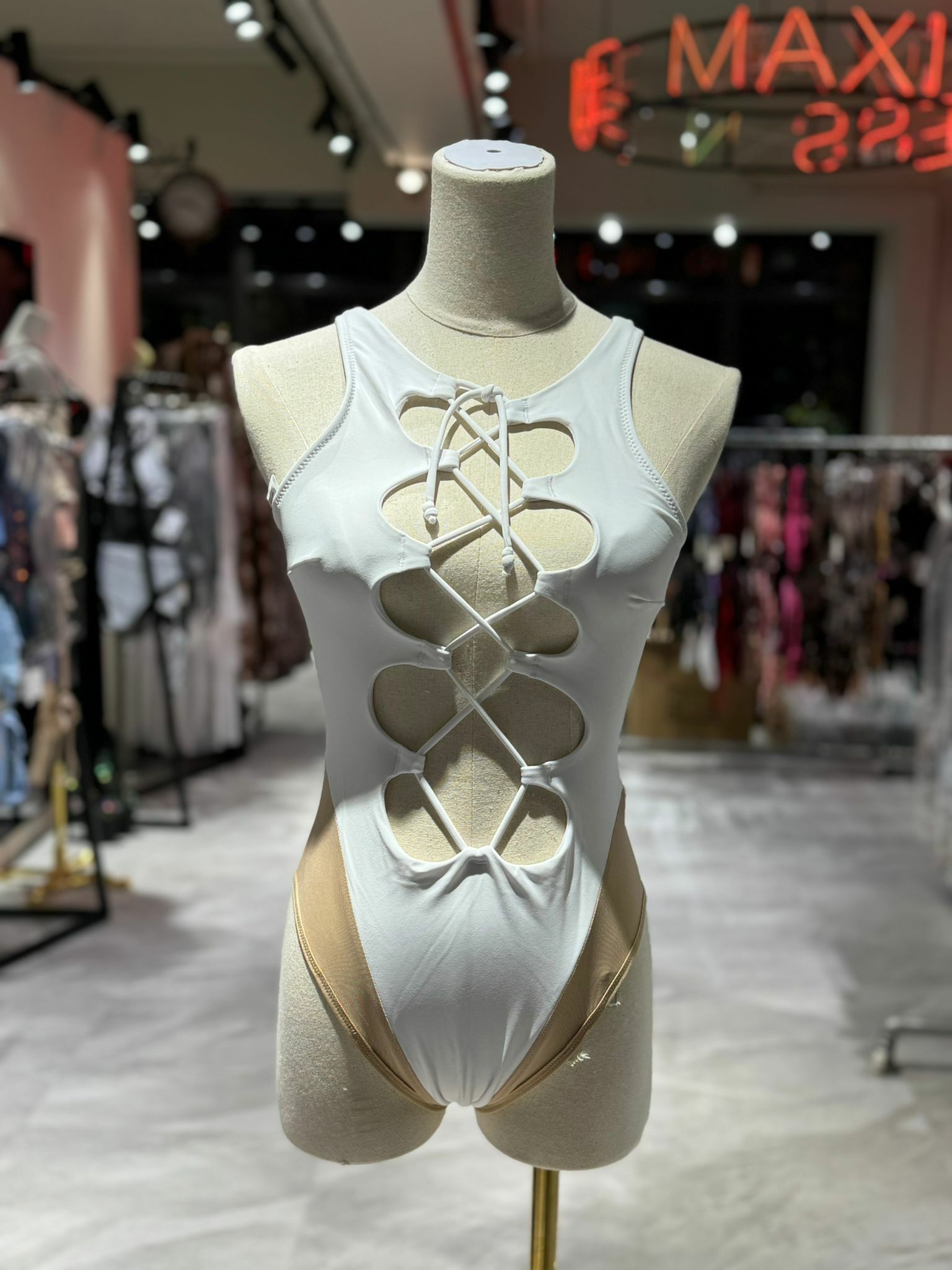 LACE-UP SWIMSUIT WITH THONG-WHITE