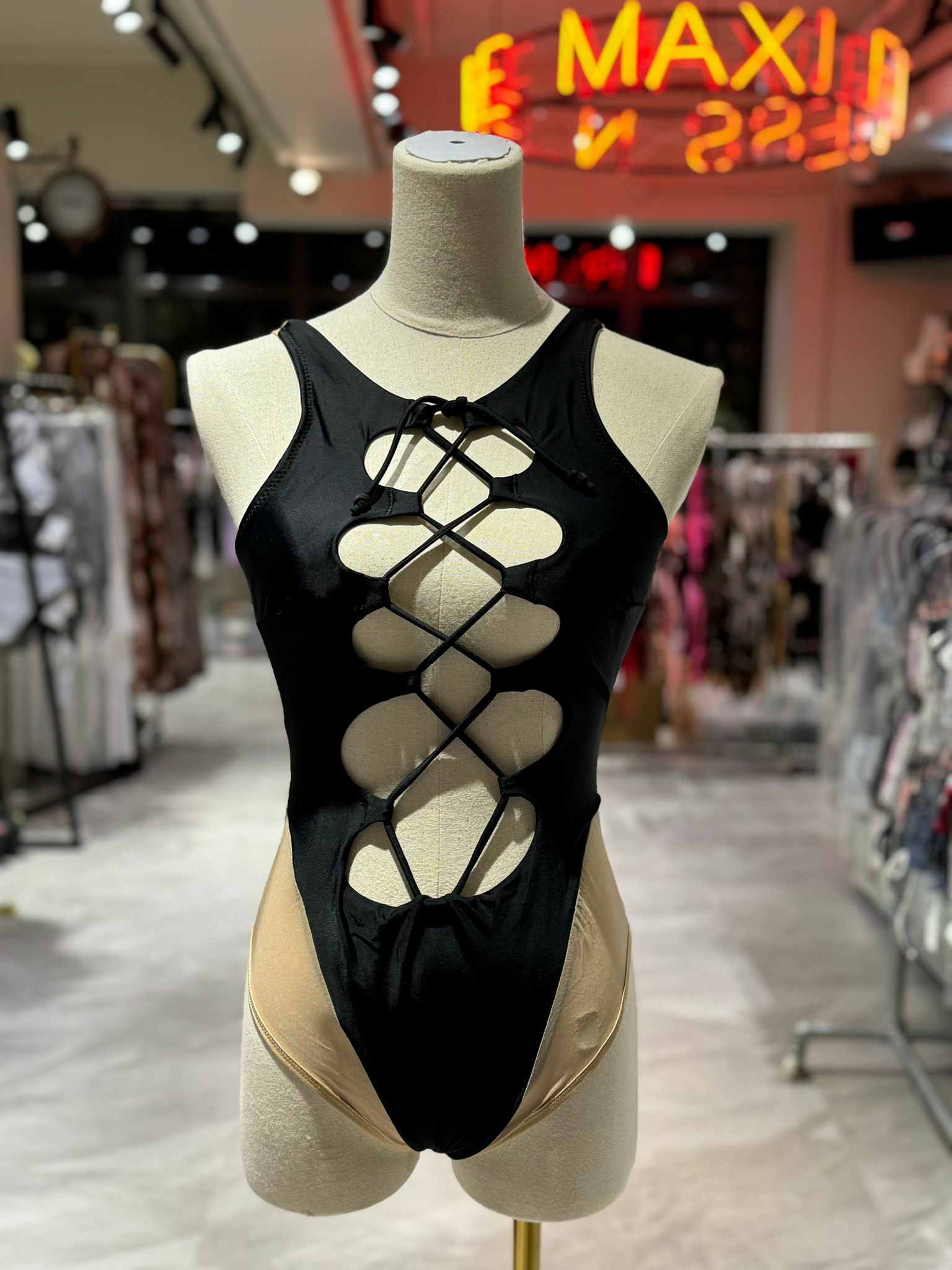 LACE-UP SWIMSUIT WITH THONG-BLACK