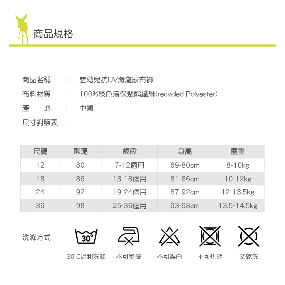 全新採用綠色環保再生聚酯纖維製造,100%安全無毒材質,給孩子一個美好的地球;每件泳衣均是以回收寶特瓶為原料,為經過寶特瓶清洗分類粉碎等步驟製成酯粒,並加工再製而成的紡織用紗;抗UV紫外線防曬系數UPF80+,可保護寶寶不受紫外線傷害;布料透氣快乾,以確保寶寶肌膚舒適;同時彈性絕佳,讓寶寶超好活動;扁平接縫車工,減少接縫處摩擦寶寶肌膚;LASSIG獨家開發,全新超強三層導流結構,防漏超強性,外層防水,內層吸濕透氣不回滲,不須再穿尿布;認證PETA純素認證標誌(PETA Approved Vegan),代表其紡織品生產中不使用動物成分,沒有任何動物在製造過程中受到傷害。