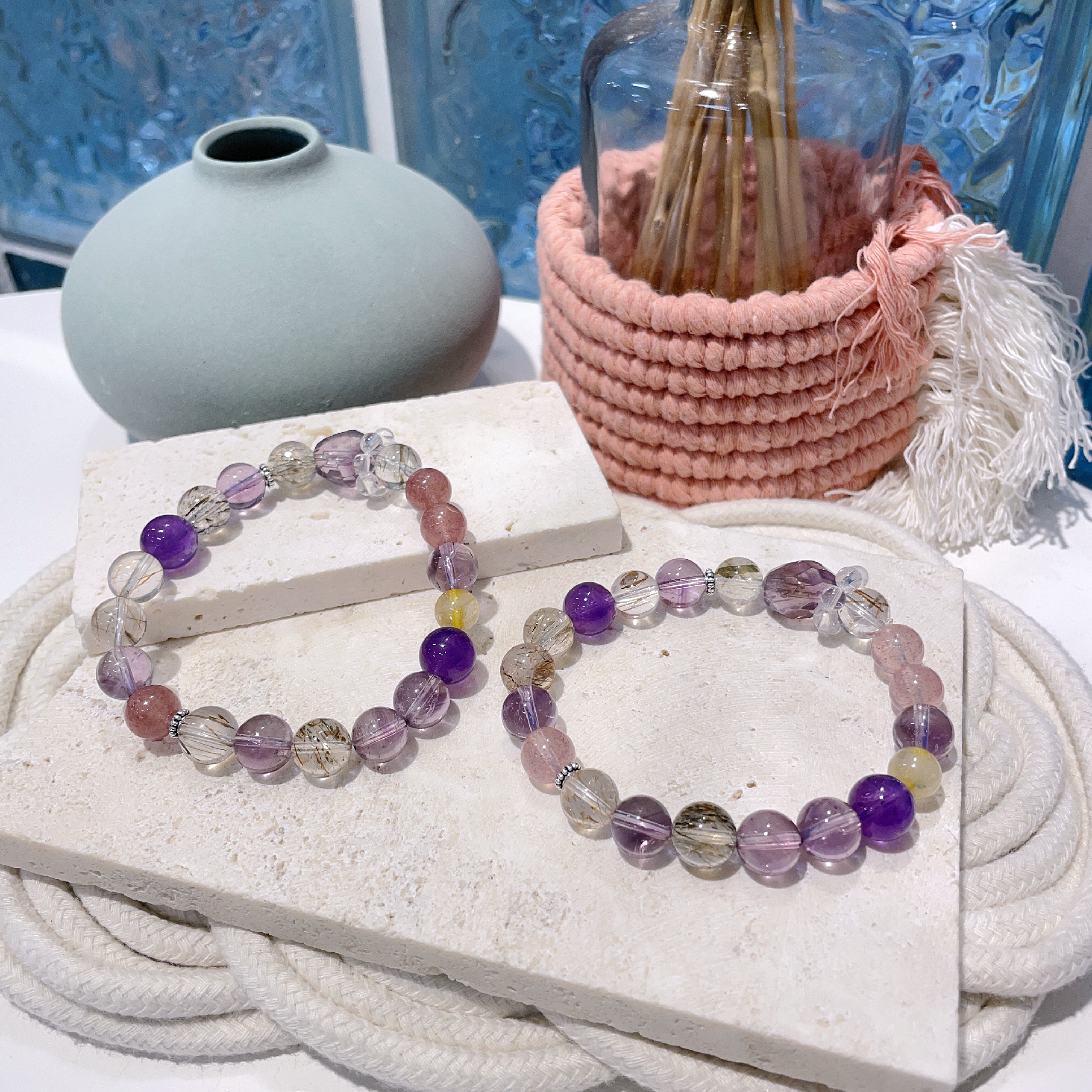 紫水晶拼草莓晶拼黑金超金髮設計款 9mm